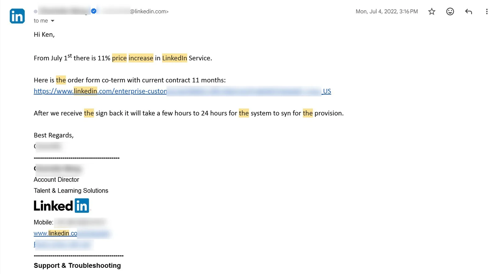 LinkedIn email dated Monday, July 4, 2022, 3:16 PM, from a LinkedIn Talent & Learning Solutions Account Director. Subject area highlights show 11% price increase in LinkedIn Service from July 1, and a renewal order form co-term with the current contract.